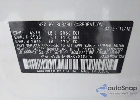 2019 Subaru Legacy 2.5I Premium from USA, damaged, VIN 4S3BNAH6XK3016216